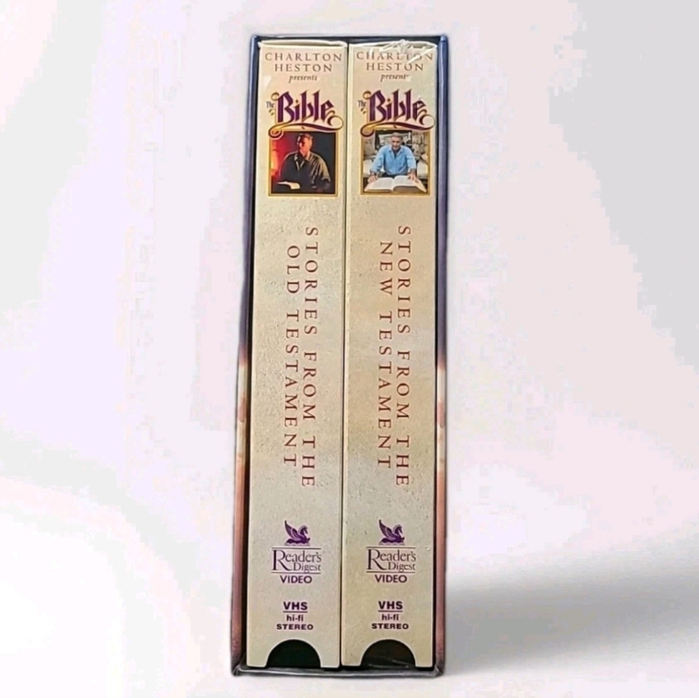 1996 Charlton Heston Bible Stories VHS 2 Box Set Old New Testament, 90s Vintage.